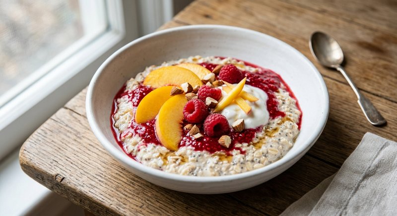 Gluten-Free Peach Melba Overnight Oats — breakfast recipe, serves 4