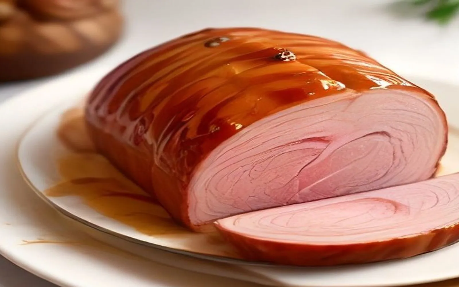 Gluten-free honey mustard glazed ham on a plate