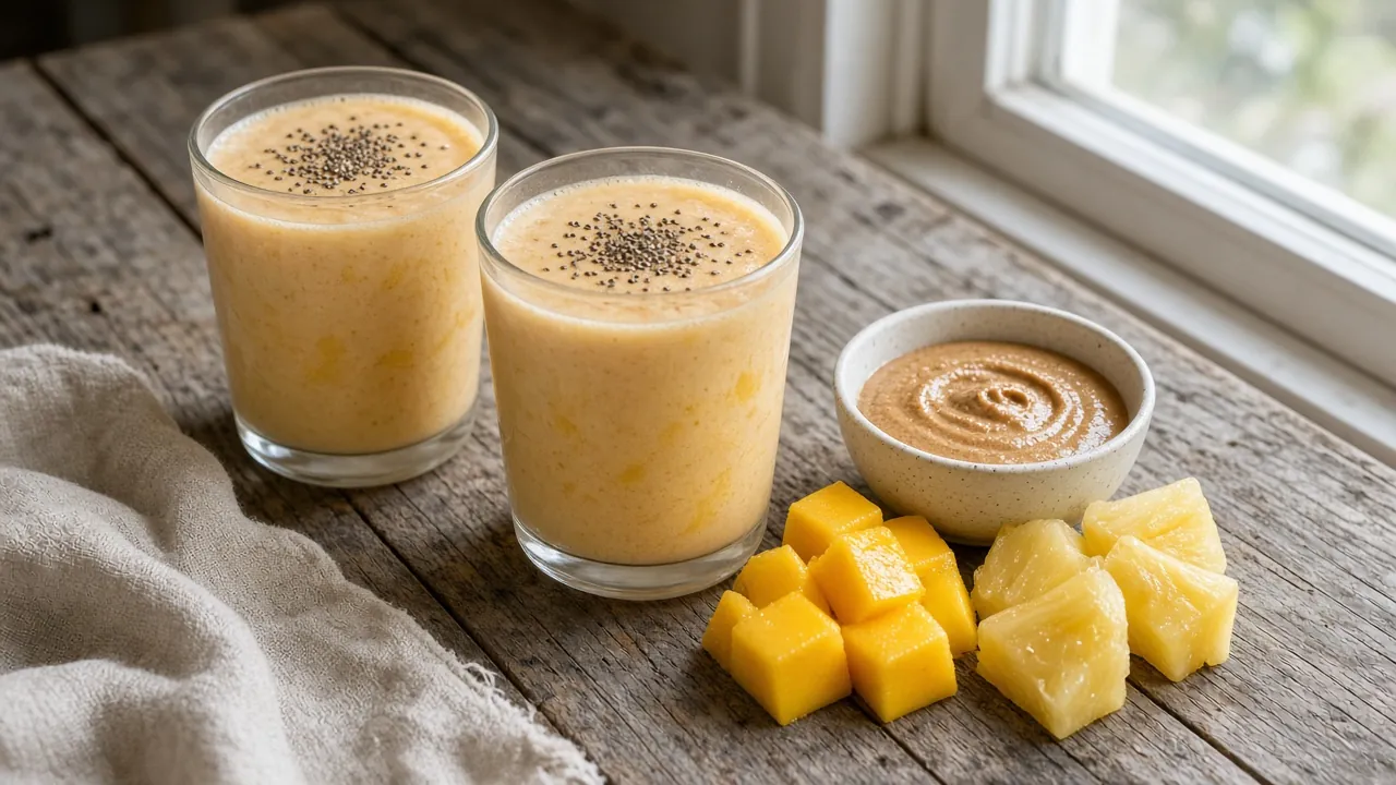 Gluten-free fruit and nut butter smoothie on a plate