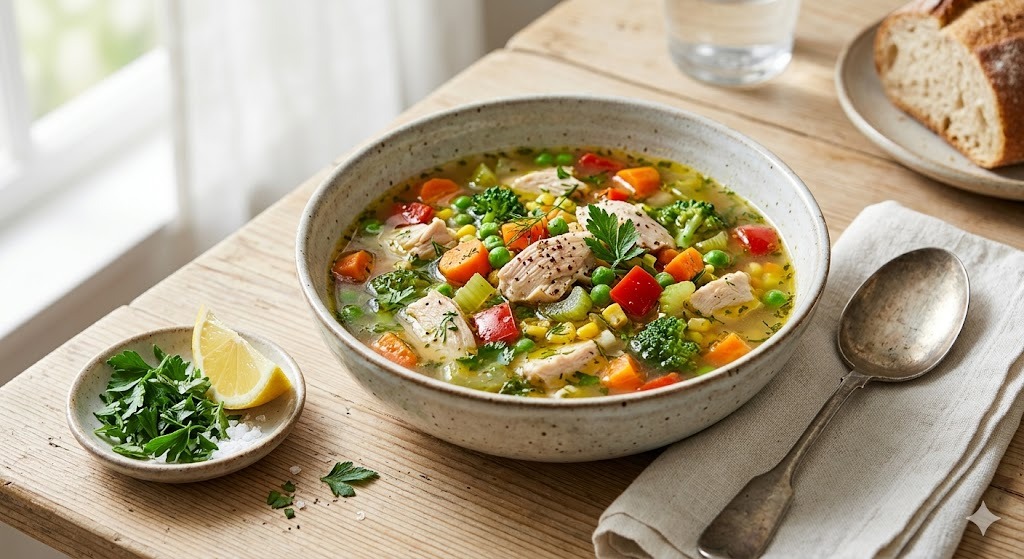 Gluten-Free Chicken and Vegetable Soup — lunch recipe, serves 4