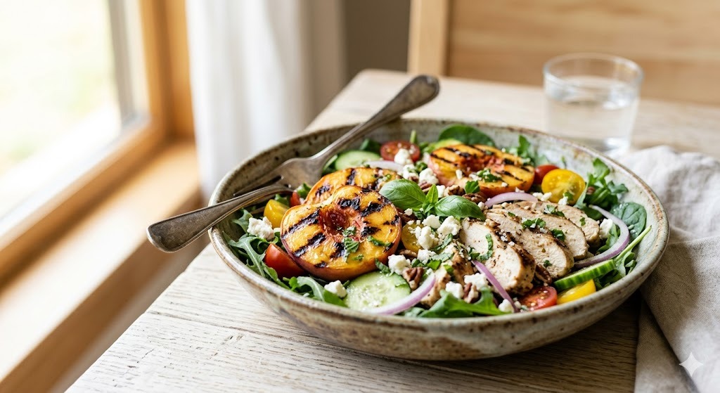 Gluten-Free Grilled Peach and Chicken Salad — lunch recipe, serves 4
