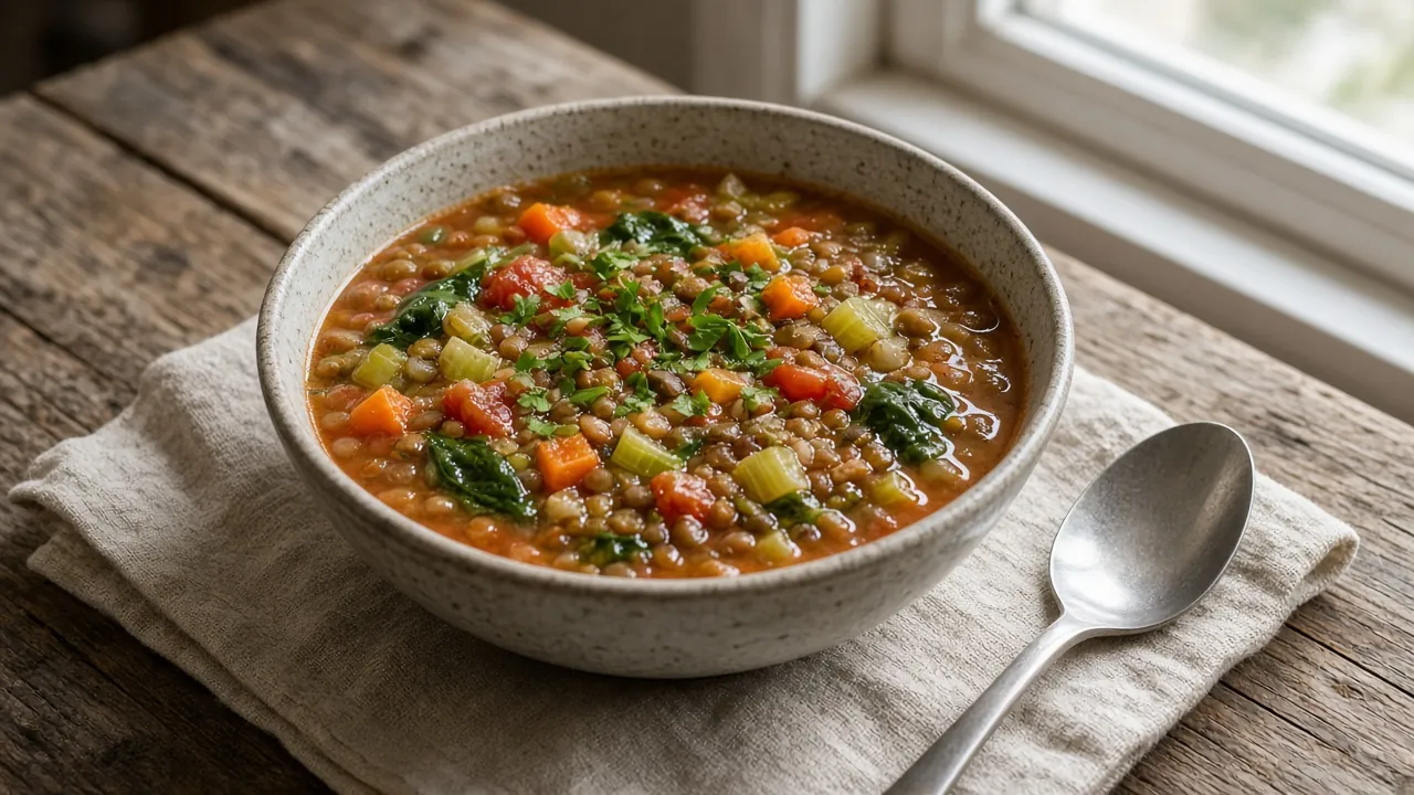 Gluten-free lentil and vegetable soup on a plate