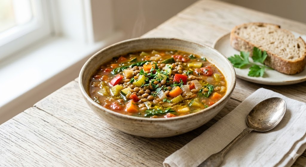 Gluten-Free Lentil and Vegetable Soup — lunch recipe, serves 4