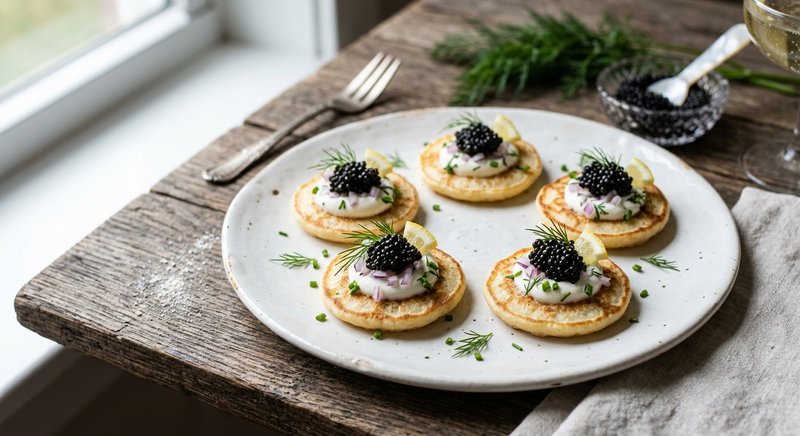 Gluten-Free Caviar Bites on Blini — party and appetizers recipe, serves 8