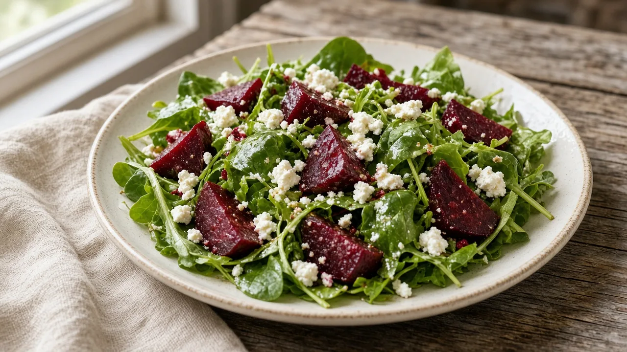 Gluten-free beet and goat cheese salad on a plate