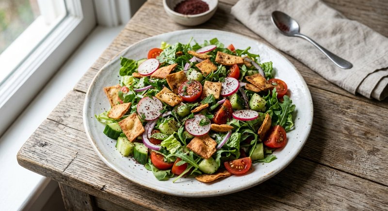 Gluten-Free Fattoush with Pita Chips — salads and sides recipe, serves 4