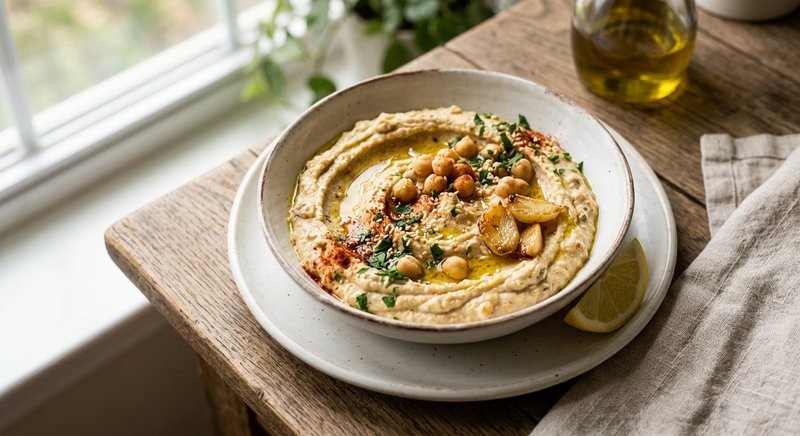 Gluten-Free Roasted Garlic Hummus Side — salads and sides recipe, serves 4
