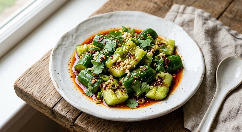 Gluten-Free Smashed Cucumber with Chili Oil — snacks recipe, serves 4