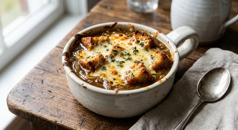 Gluten-Free French Onion Soup with Croutons — soups and stews recipe, serves 4