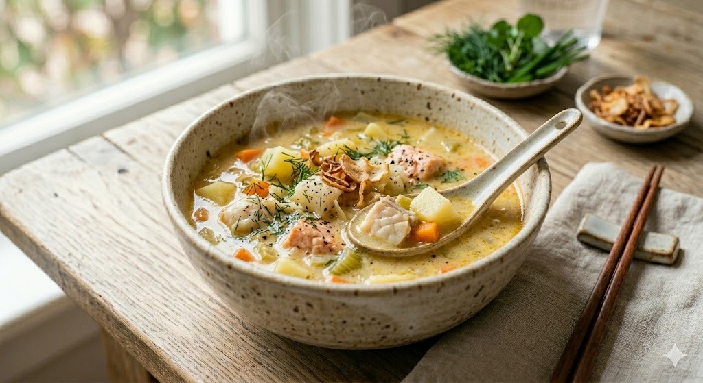 Gluten-Free Norwegian Fish Chowder — soups and stews recipe, serves 4